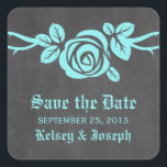 Aqua Rose Chalkboard Save the Date Stickers<br><div class="desc">Sweet and pretty Rose Chalkboard Save the Date Stickers in turquoise featuring a single lovely rose on a vine on a chalkboard look background. This elegant design is perfect for announcing your spring or summer wedding. Easy to customise, simply add your wedding details in the text fields provided. Click "Customise...</div>
