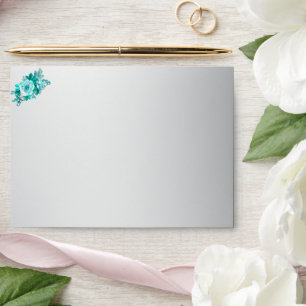 Aqua Roses and Silver Wedding Envelope