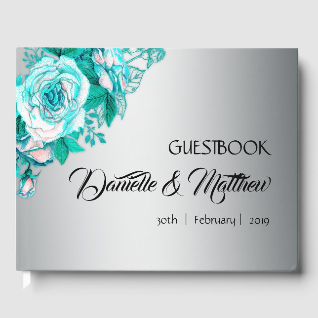 Aqua Roses and Silver Wedding Guestbook (Front)