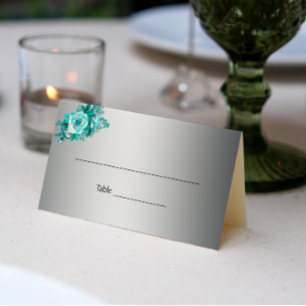 Aqua Roses and Silver Wedding Place Card