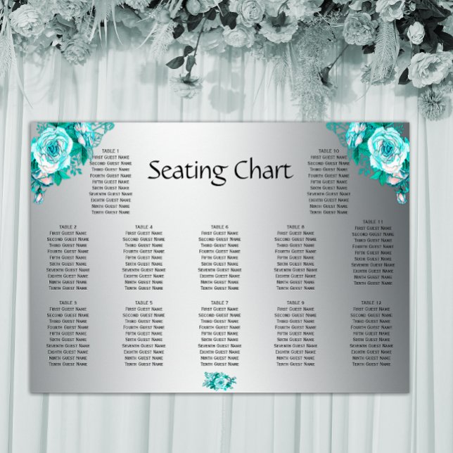 Aqua Roses and Silver Wedding Reception Seating Poster (Creator Uploaded)