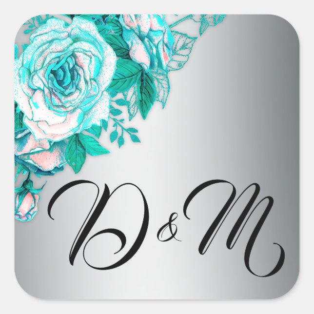 Aqua Roses and Silver Wedding Square Sticker (Front)