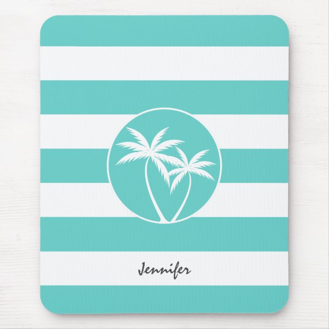 Aqua Rugby Stripes Tropical Palm Logo with Name Mouse Mat (Front)