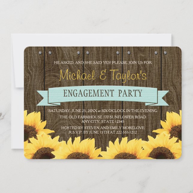 AQUA RUSTIC SUNFLOWER ENGAGEMENT PARTY INVITATION (Front)