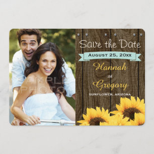 AQUA RUSTIC SUNFLOWER SAVE THE DATE CARD