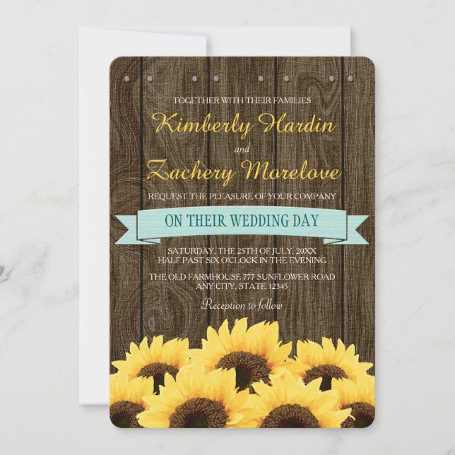 AQUA RUSTIC SUNFLOWER WEDDING INVITATION (Front)