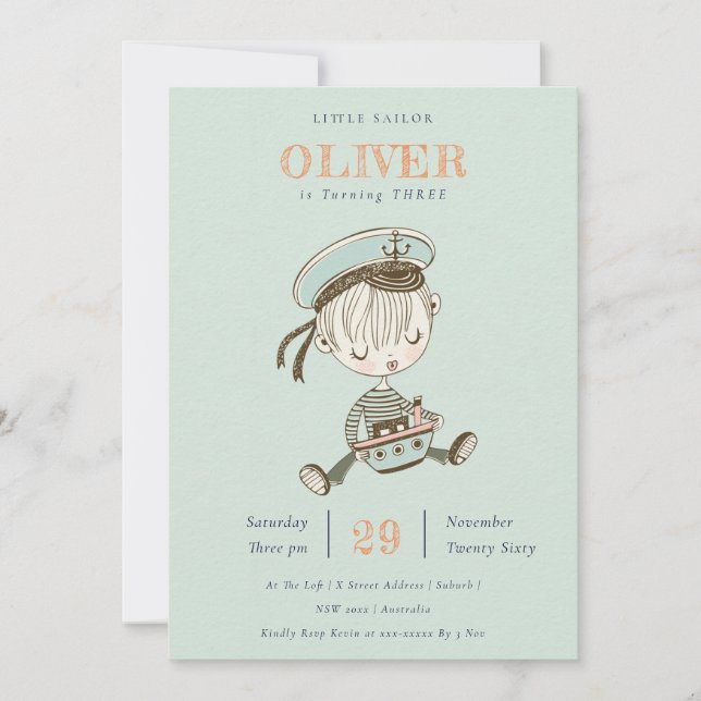 Aqua Sailor Nautical Any Age Birthday Invite (Front)
