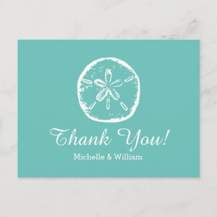 Aqua Sand dollar beach wedding Thank you cards
