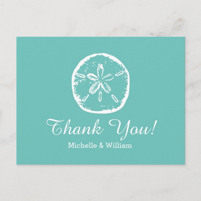 Aqua Sand dollar beach wedding Thank you cards (Front)