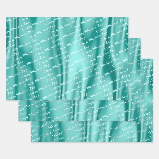 Aqua Satin - Happy Mother's Day - Text Pattern Wrapping Paper Sheet (Set)
