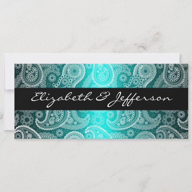 Aqua Satin & White Paisley Lace Wedding Invitation (Front)