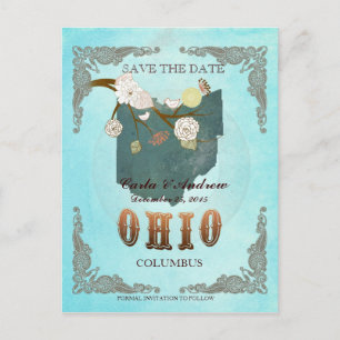 Aqua Save The Date - Ohio Map With Lovely Birds Announcement Postcard