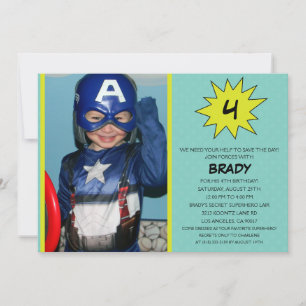Aqua Save the Day Superhero Photo Birthday Party Invitation