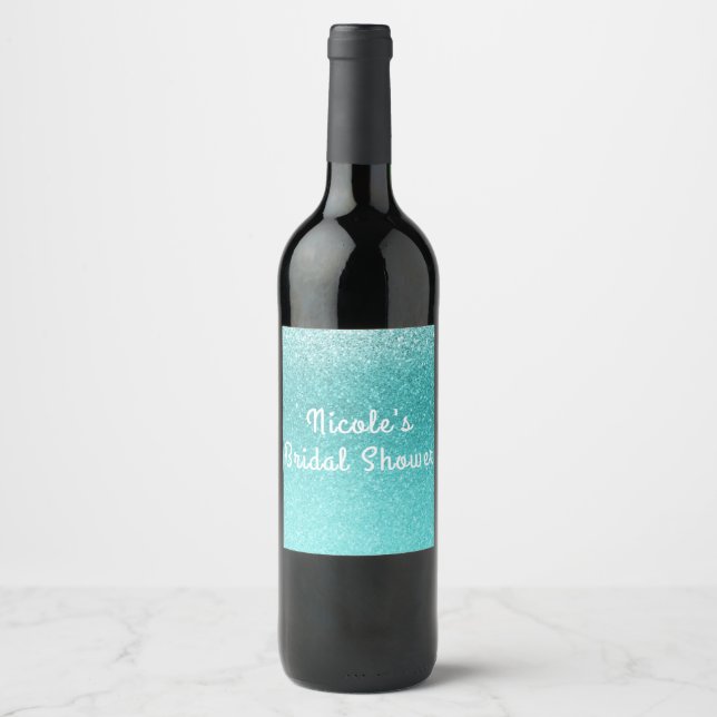 Aqua Sea Blue Glitter Sparkle Glam Wine Labels (Front)