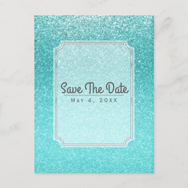 Aqua Sea Blue Glitter Sparkle Party Save the Date Announcement Postcard (Front)