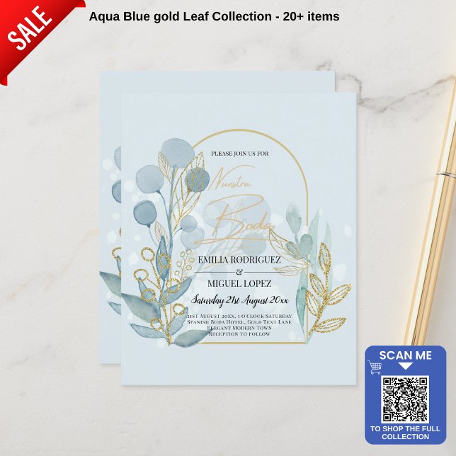 Aqua Sea Glass Gold Spanish Boda Wedding Invite (Creator Uploaded)