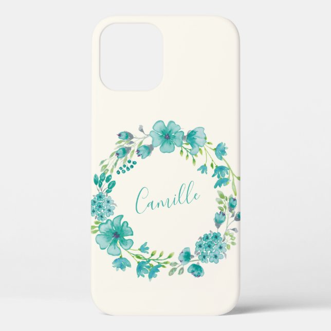 Aqua Sea Green Floral Wreath Personalised Case-Mate iPhone Case (Back)