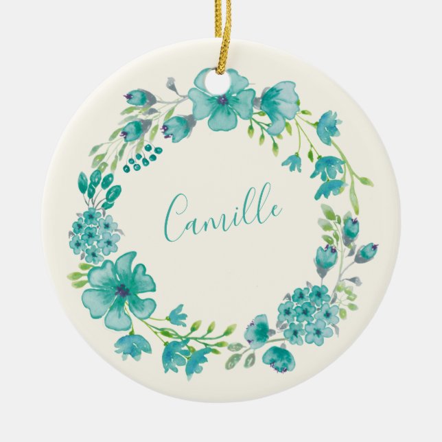 Aqua Sea Green Floral Wreath Personalised   Ceramic Tree Decoration (Front)