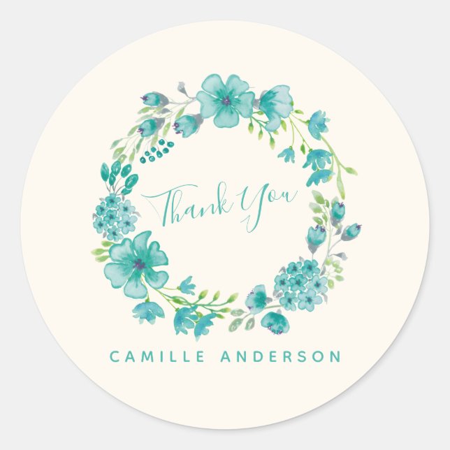 Aqua Sea Green Floral Wreath Personalised Classic Round Sticker (Front)