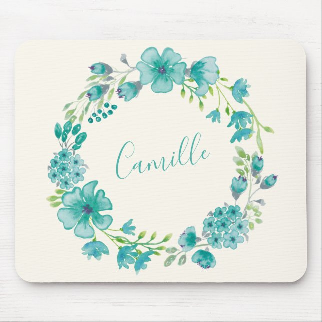 Aqua Sea Green Floral Wreath Personalised  Mouse Mat (Front)