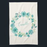 Aqua Sea Green Floral Wreath Personalised Tea Towel<br><div class="desc">Aqua Sea Green Floral Wreath Personalised Kitchen Towel</div>
