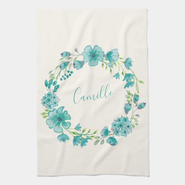 Aqua Sea Green Floral Wreath Personalised Tea Towel (Vertical)