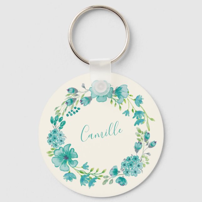 Aqua Sea Green Floral Wreath Personalized  Key Ring (Front)