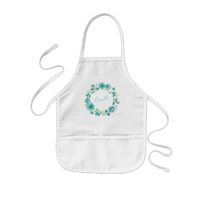 Aqua Sea Green Floral Wreath Personalized  Kids Apron (Front)