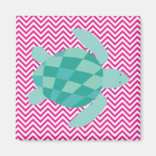 Aqua Sea Turtle on Pink Chevron Stripe Magnet