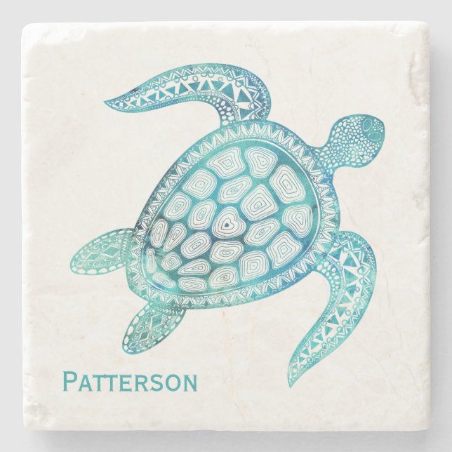 Aqua Sea Turtle Personalised Stone Coaster (Front)