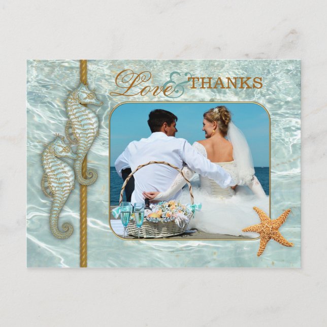 Aqua Seahorse Wedding Photo Thank You Postcard (Front)