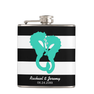 Aqua Seahorses on Stripes Couple's Personalised Hip Flask
