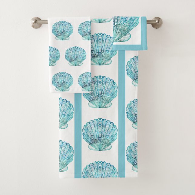 Aqua Seashell Bath Towel Set (Insitu)