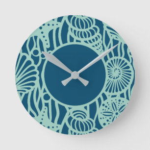 Aqua Seashell Pattern Round Clock