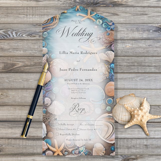 Aqua Seashell Rustic Beach Dinner All In One Invitation (Creator Uploaded)