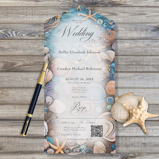 Aqua Seashell Rustic Beach QR Code All In One Invitation (Creator Uploaded)