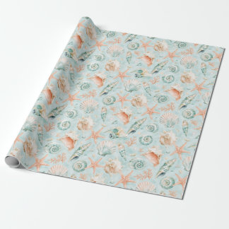 Aqua Seashell Starfish Watercolor Coastal Gift Wra Wrapping Paper