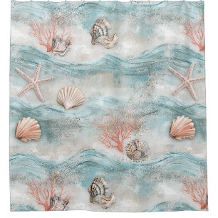 Aqua Seaside Coral Beach Pattern Shower Curtain