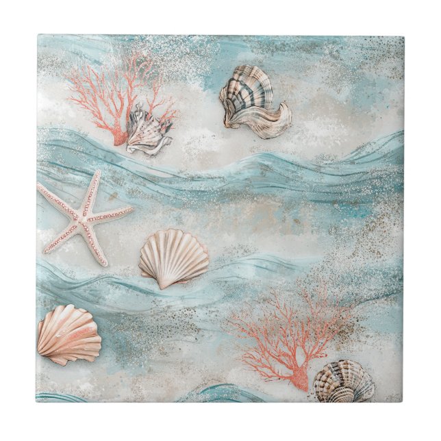 Aqua Seaside Coral Beach Pattern Tile (Front)