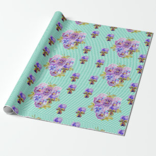 Aqua Shabby Chic Pansy flowers floral Wrapping Paper