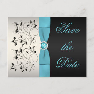 Aqua, Silver, and Black Floral Save the Date Announcement Postcard