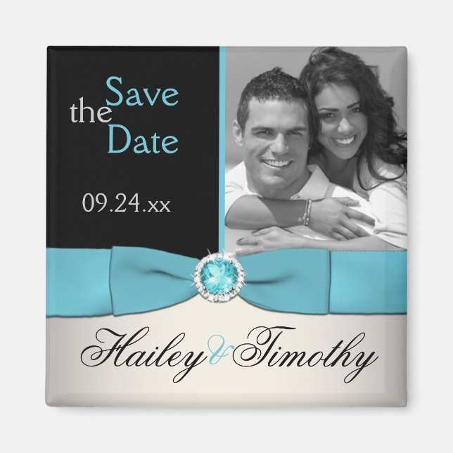Aqua, Silver, and Black Save the Date Photo Magnet (Front)