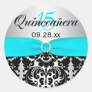 Aqua, Silver, Black Damask Quinceanera Sticker