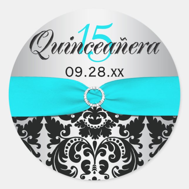 Aqua, Silver, Black Damask Quinceanera Sticker (Front)