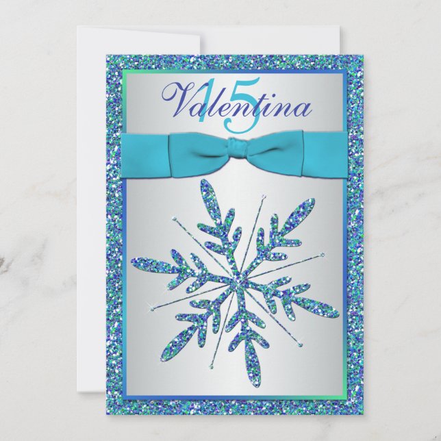 Aqua, Silver, Blue Snowflake Quinceanera Invite (Front)