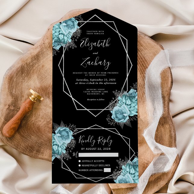 Aqua Silver Floral Geometric Black Wedding All In One Invitation (Creator Uploaded)