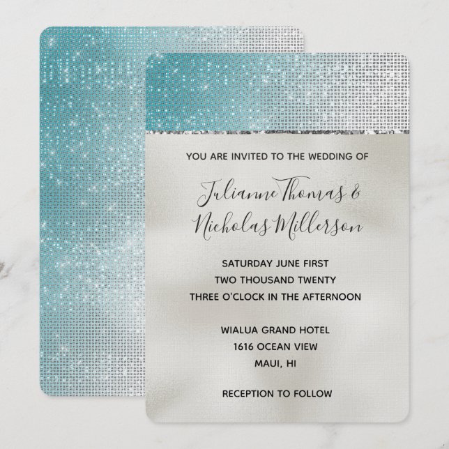 Aqua Silver Glam Glitz Pearl Wedding  Invitation (Front/Back)