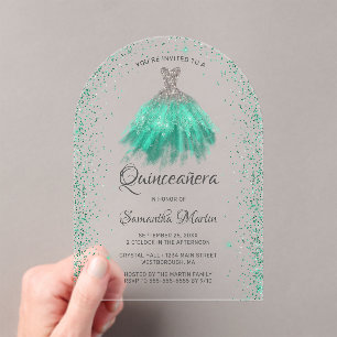 Aqua Silver Glitter Dress Quinceañera Party Acrylic Invitations