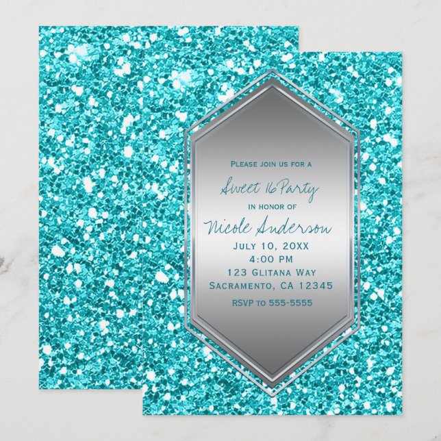 Aqua Silver Glitter Glam Birthday Party Any Event Invitation (Front/Back)