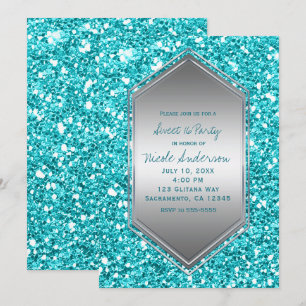 Aqua Silver Glitter Glam Birthday Party Any Event Invitation